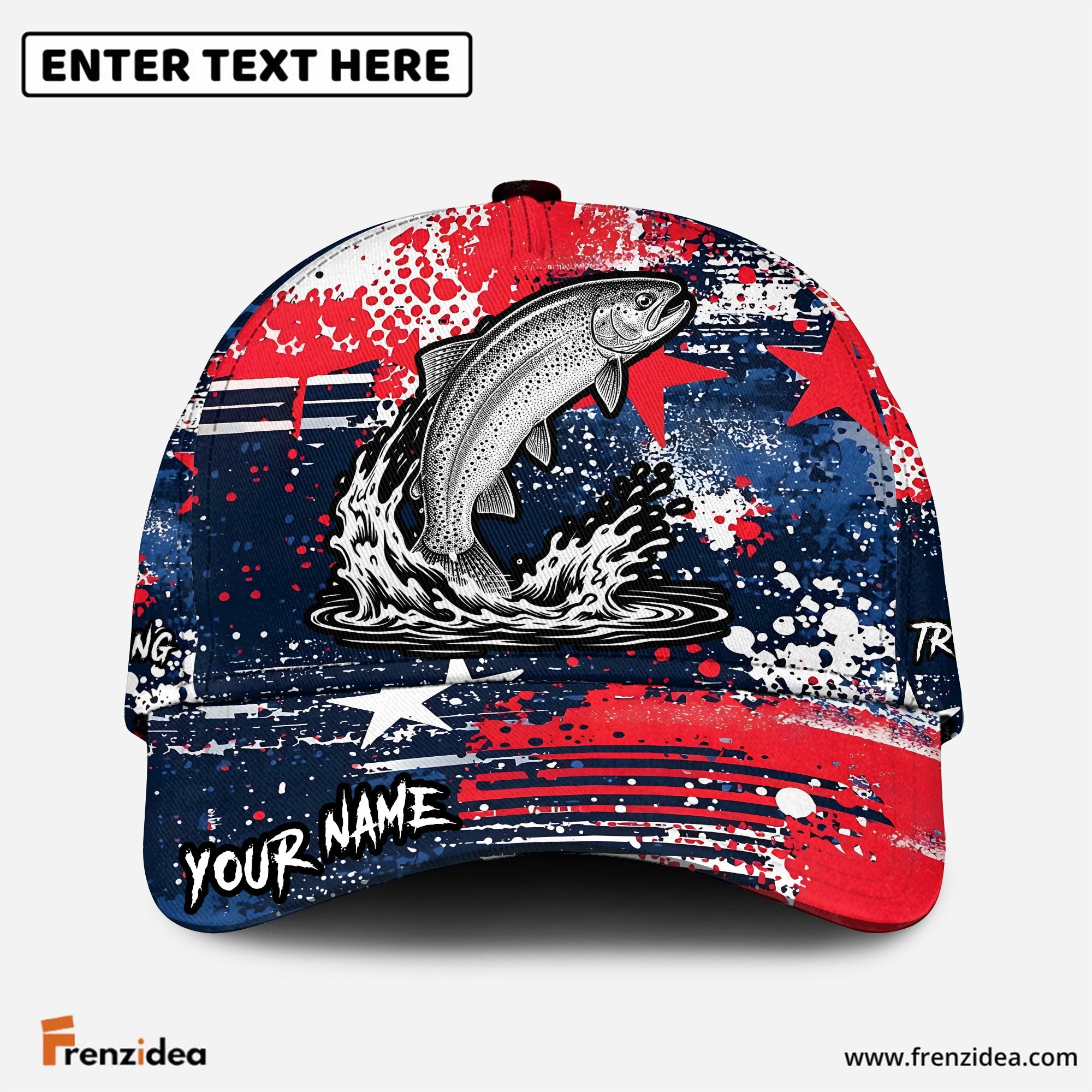(10 Breeds) Frenzidea Patriotic USA Flag Fishing Customized Name 3D Cap