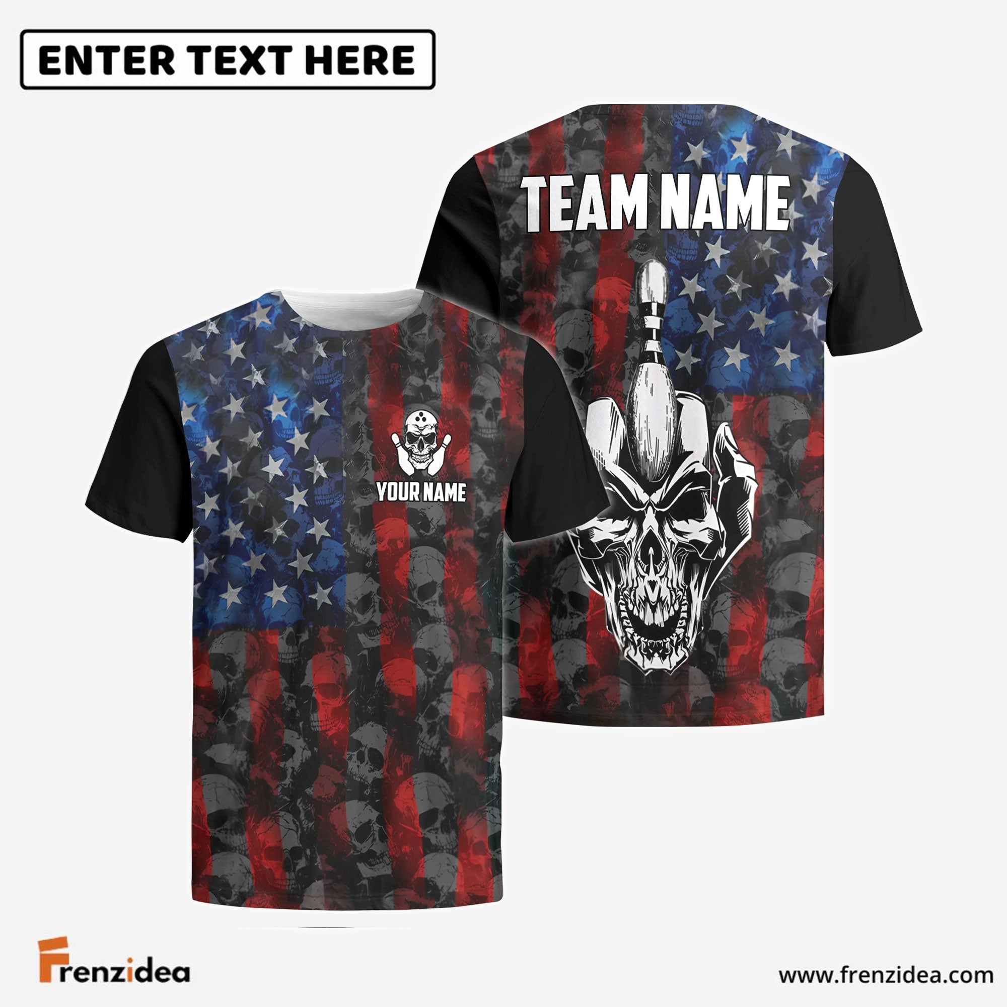 Frenzidea Bowling American Flag Skull Middle Finger Personalized Shirt