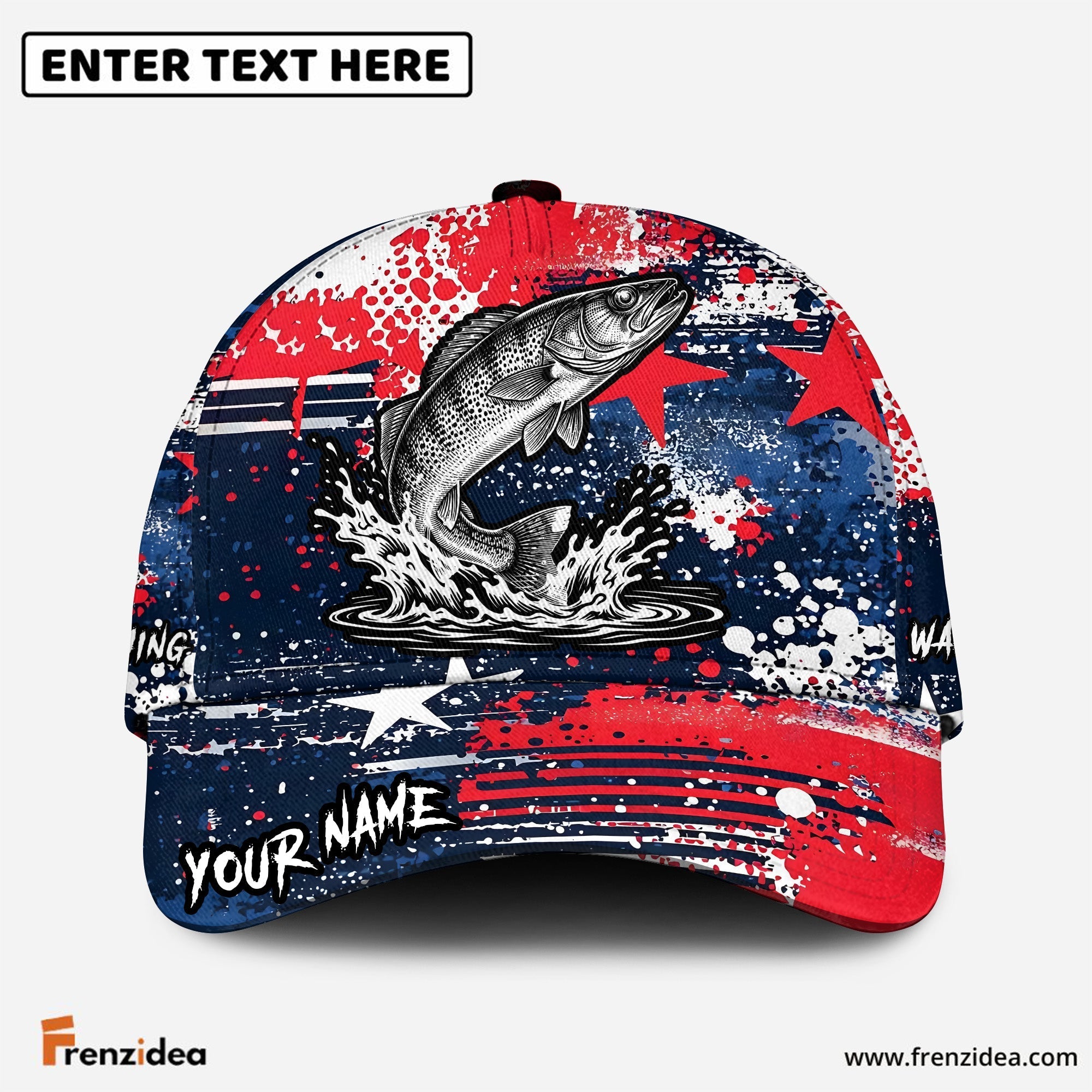 (12 Breeds) Frenzidea Fishing Patriotic Grunge Splatter Customized Name 3D Cap