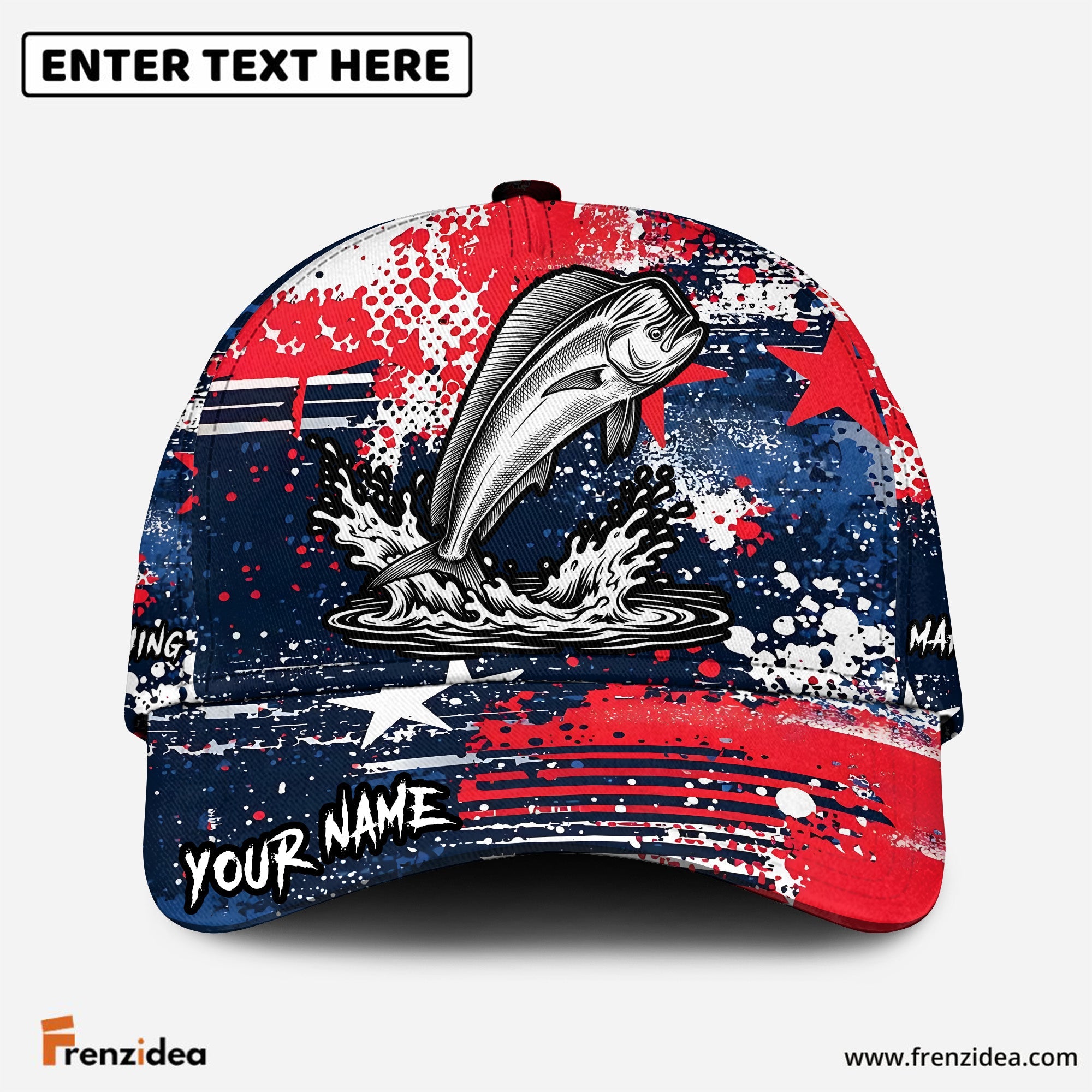 (10 Breeds) Frenzidea Patriotic USA Flag Fishing Customized Name 3D Cap