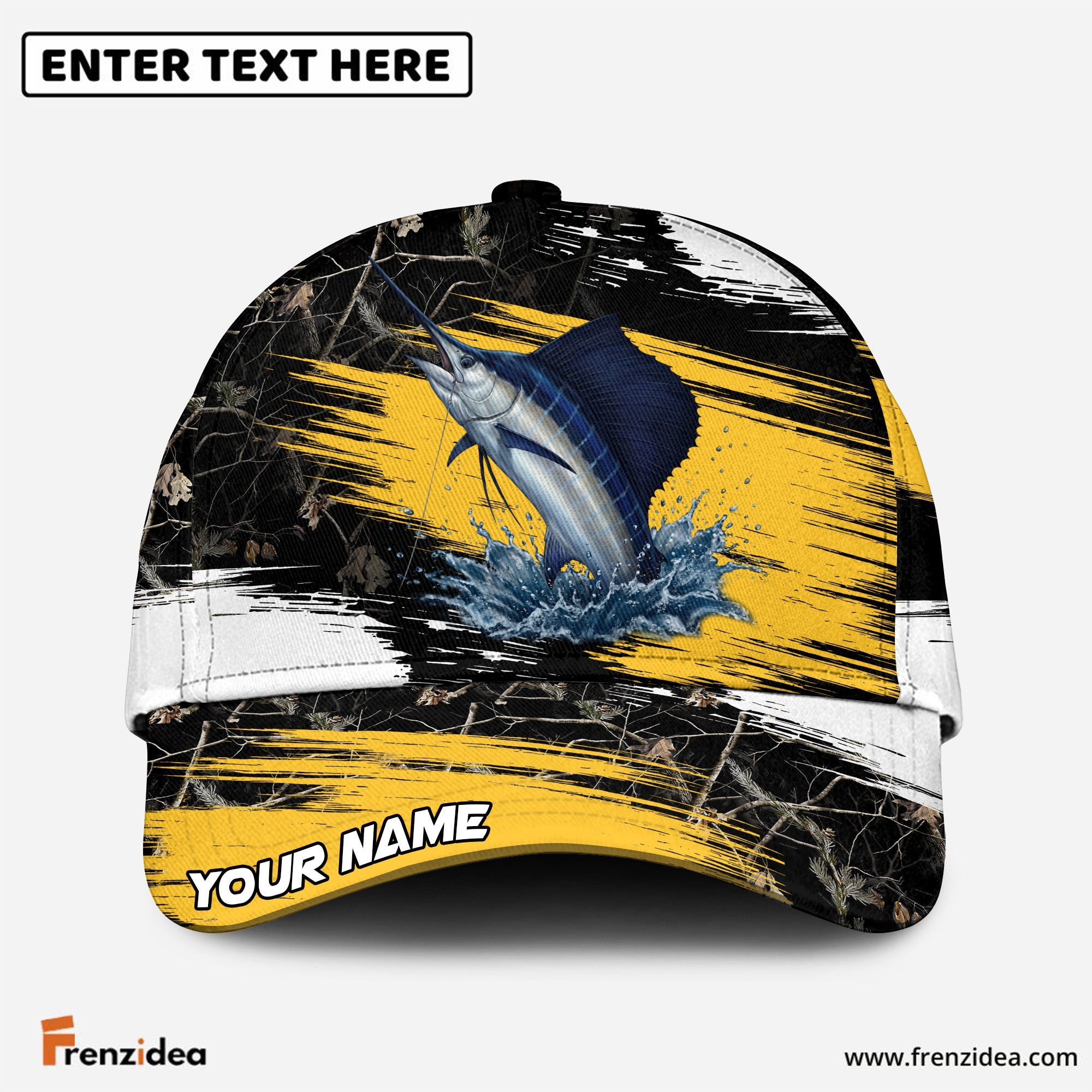 (12 Breeds) Frenzidea Dynamic Yellow Stripe Fishing Customized Name 3D Cap