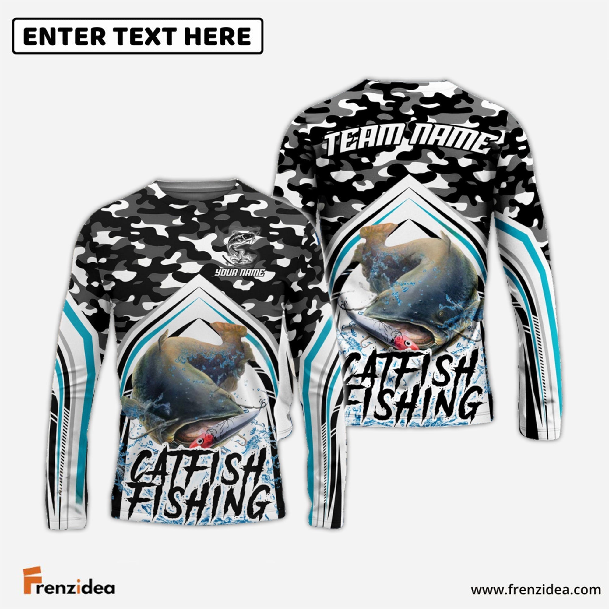 Frenzidea Catfish Fishing Black Camo Sport Custom Name & Team Name 3D Shirts