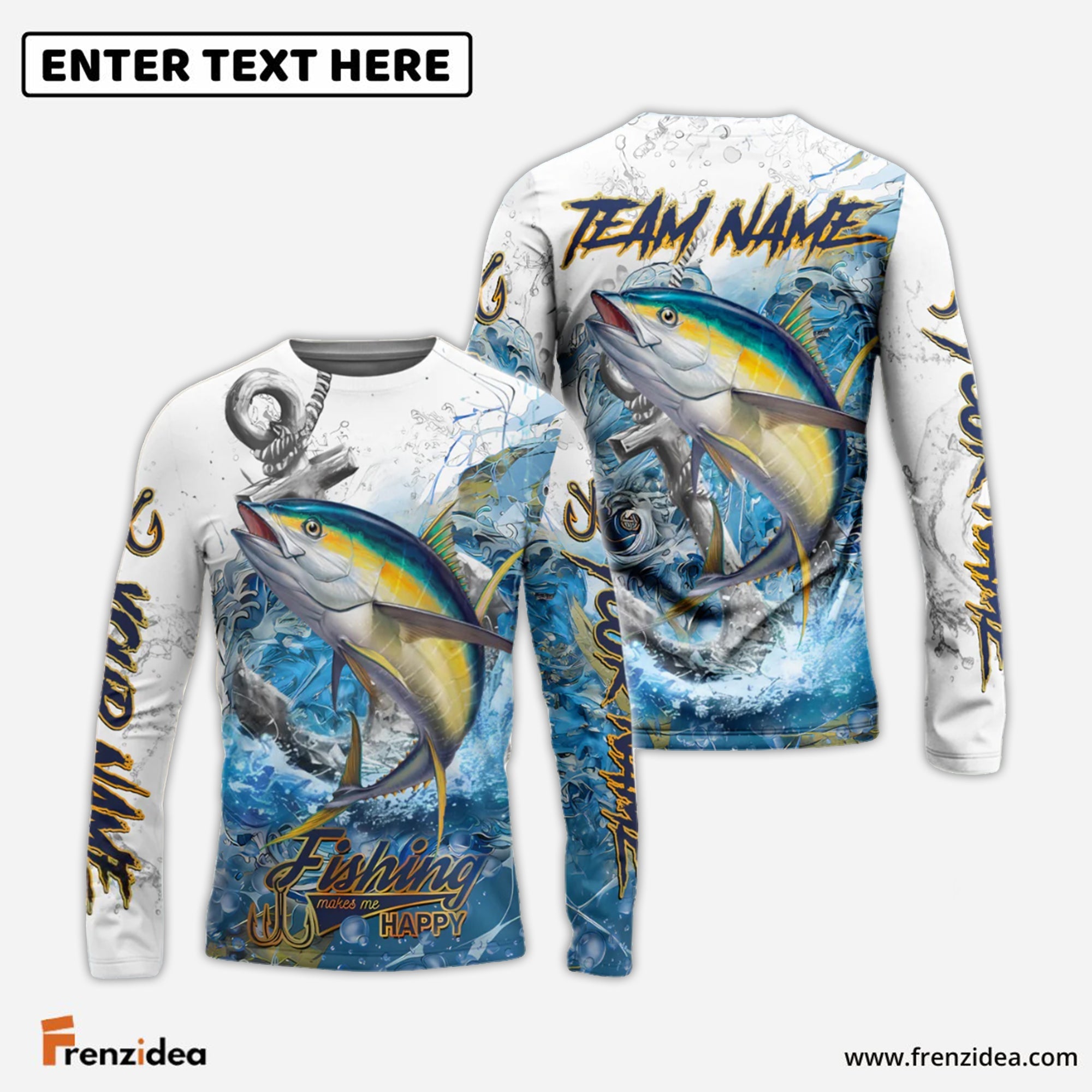 Frenzidea Tuna Fishing Anchor Ocean Splash Design Name & Team Name 3D Shirts