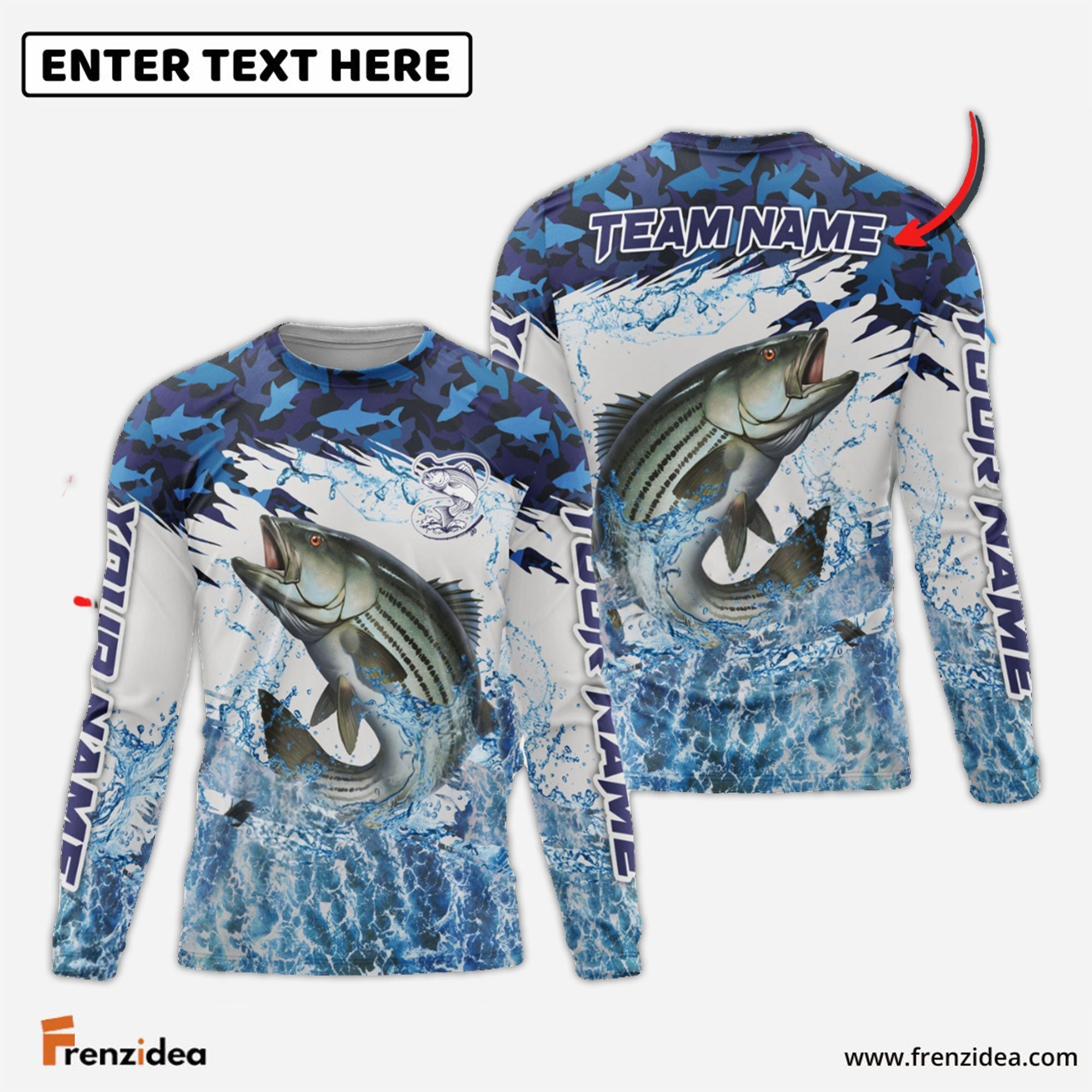 Frenzidea Striped Bass Fishing Blue Camo Clear Water Custom Name & Team Name 3D Shirts