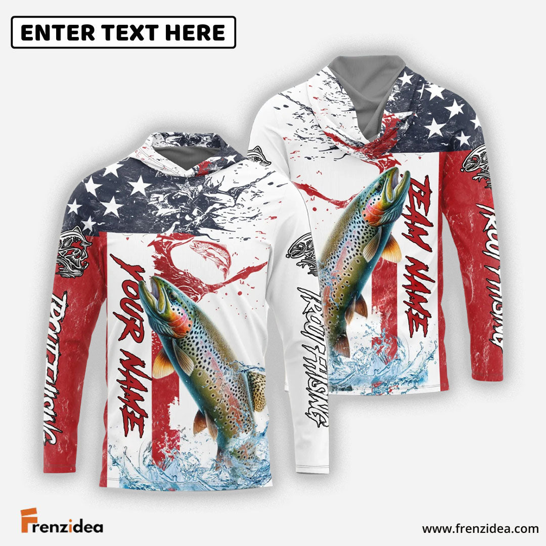 Frenzidea Trout Fishing American Flag Red Blue Seawave Custom Name & Team Name 3D Shirts