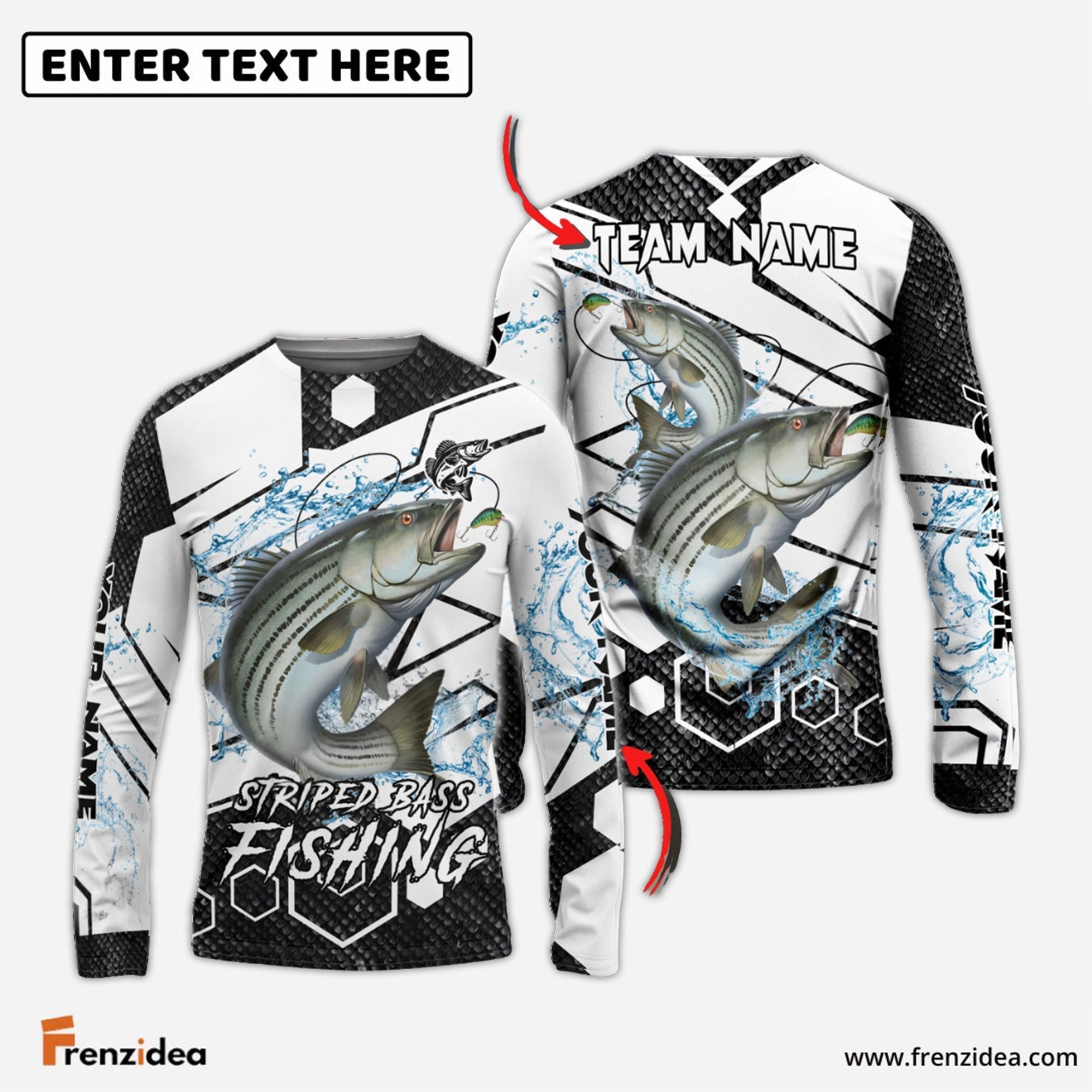 Frenzidea Striped Bass Fishing White Gray Black Hexagon Sport Custom Name & Team Name 3D Shirts