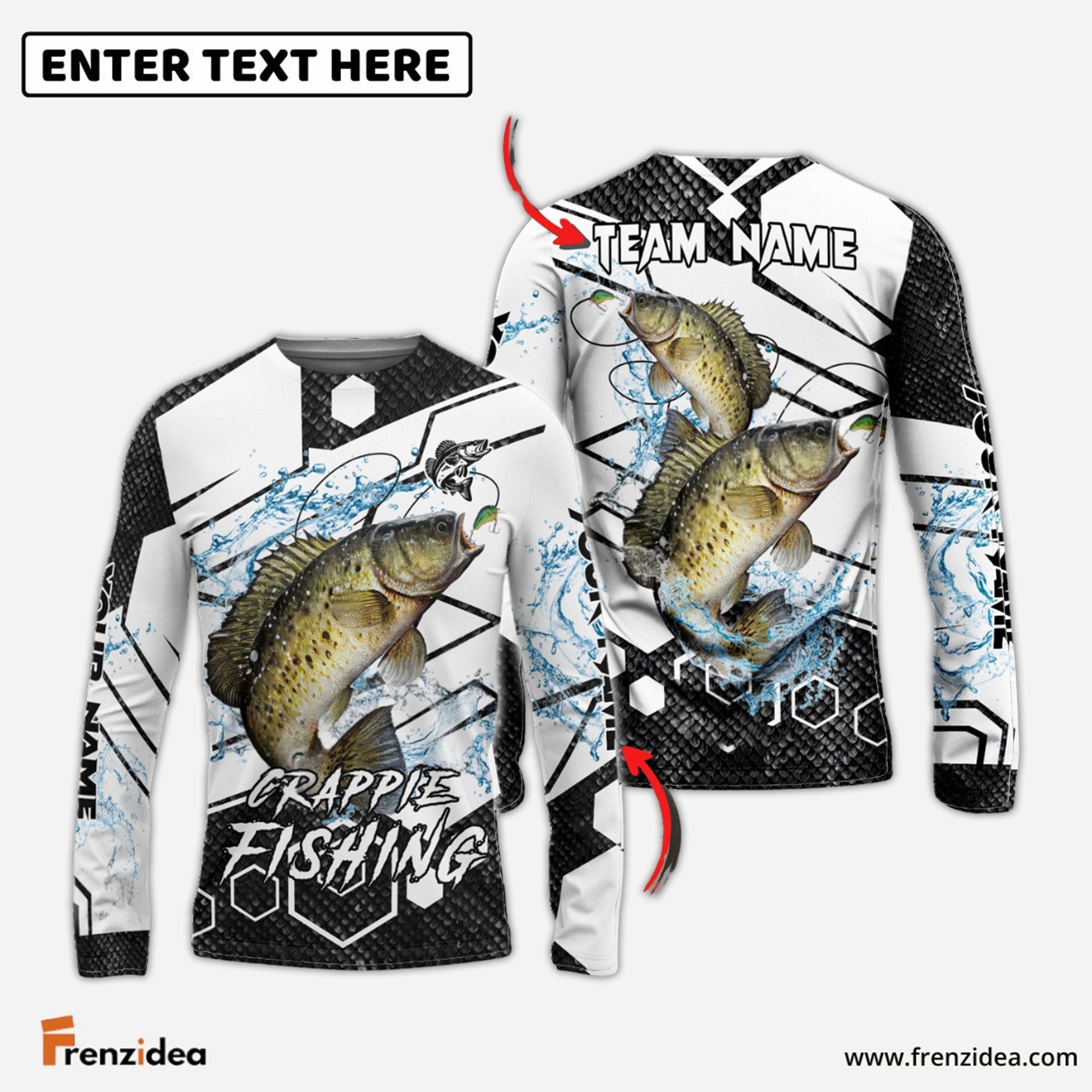 Frenzidea Crappie Fishing White Gray Black Hexagon Sport Custom Name & Team Name 3D Shirts