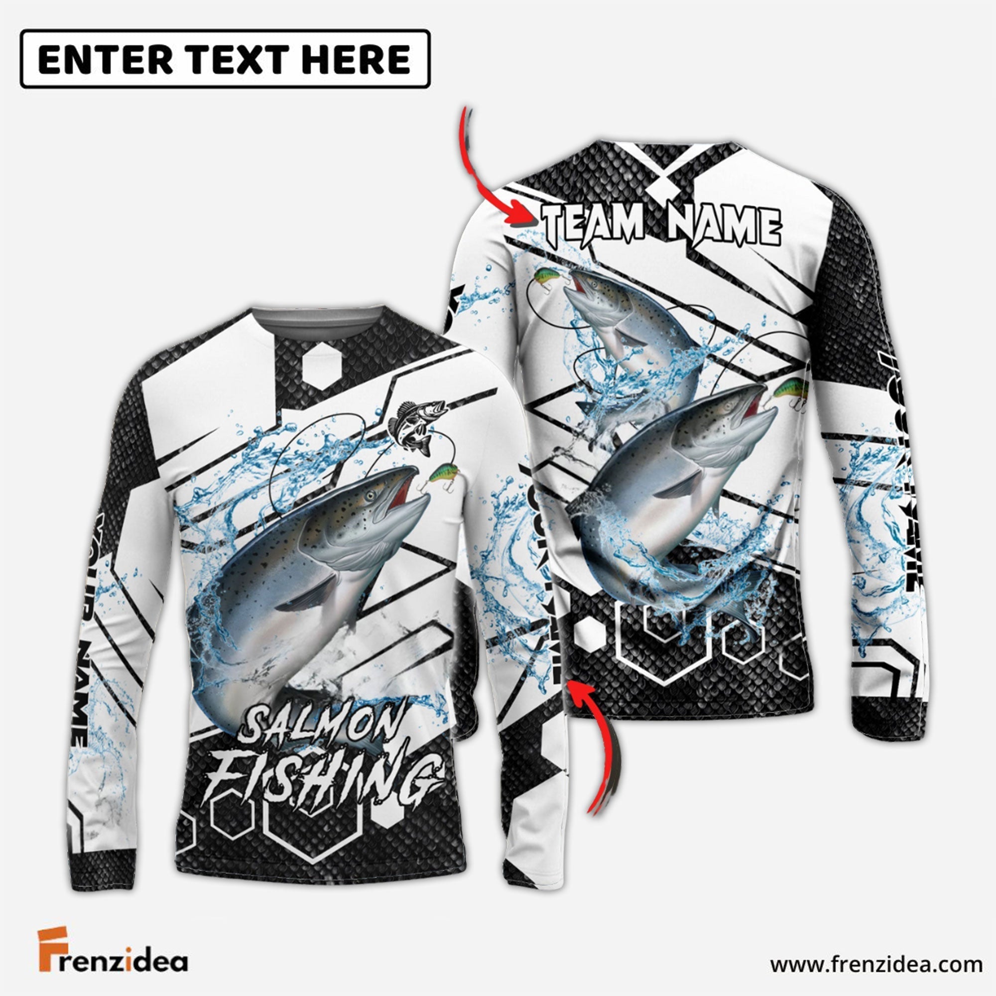 Frenzidea Salmon Fishing White Gray Black Hexagon Sport Custom Name & Team Name 3D Shirts