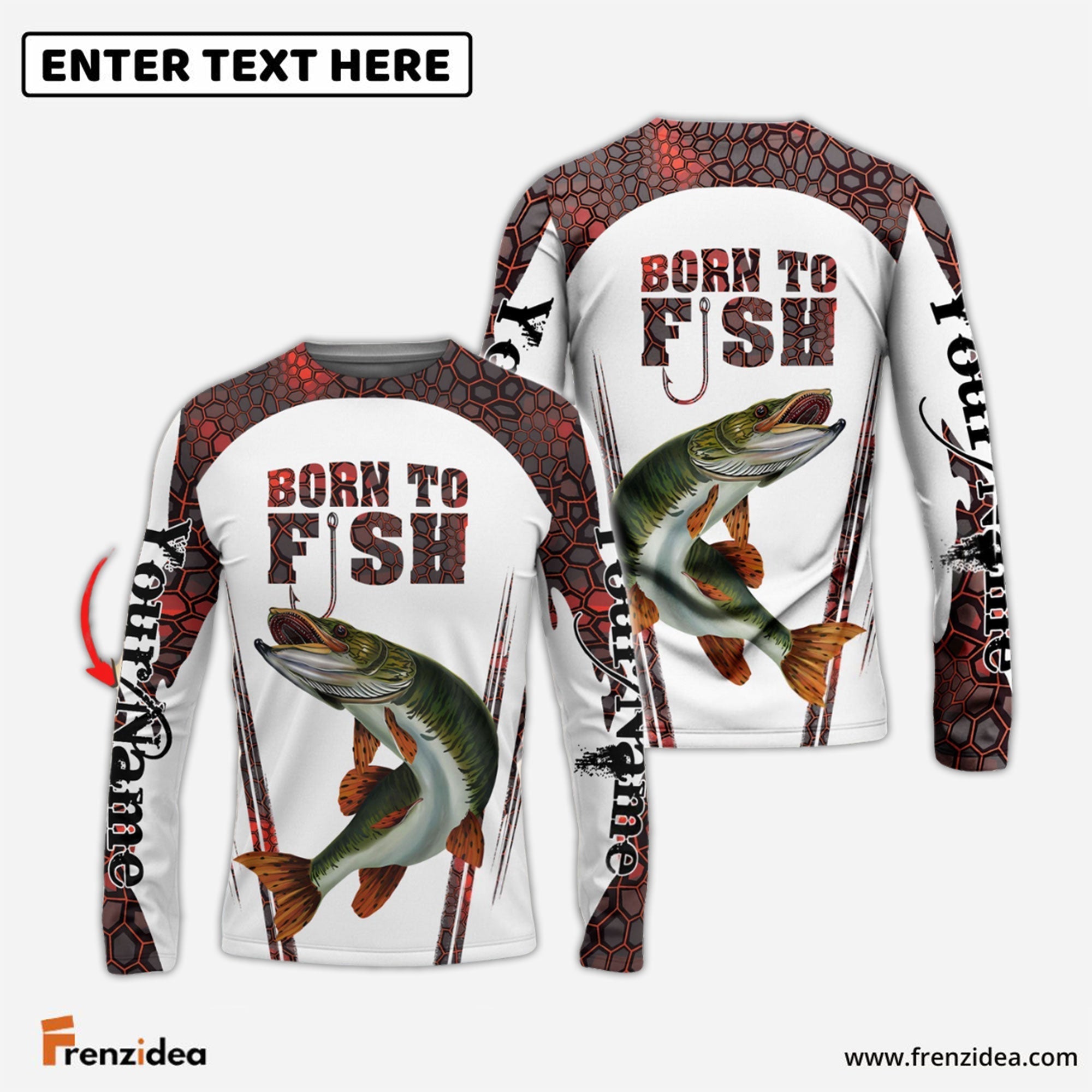 Frenzidea "Born To Fish" Musky Fishing Red Camo Custom Name   Long Sleeve Fishing Shirts