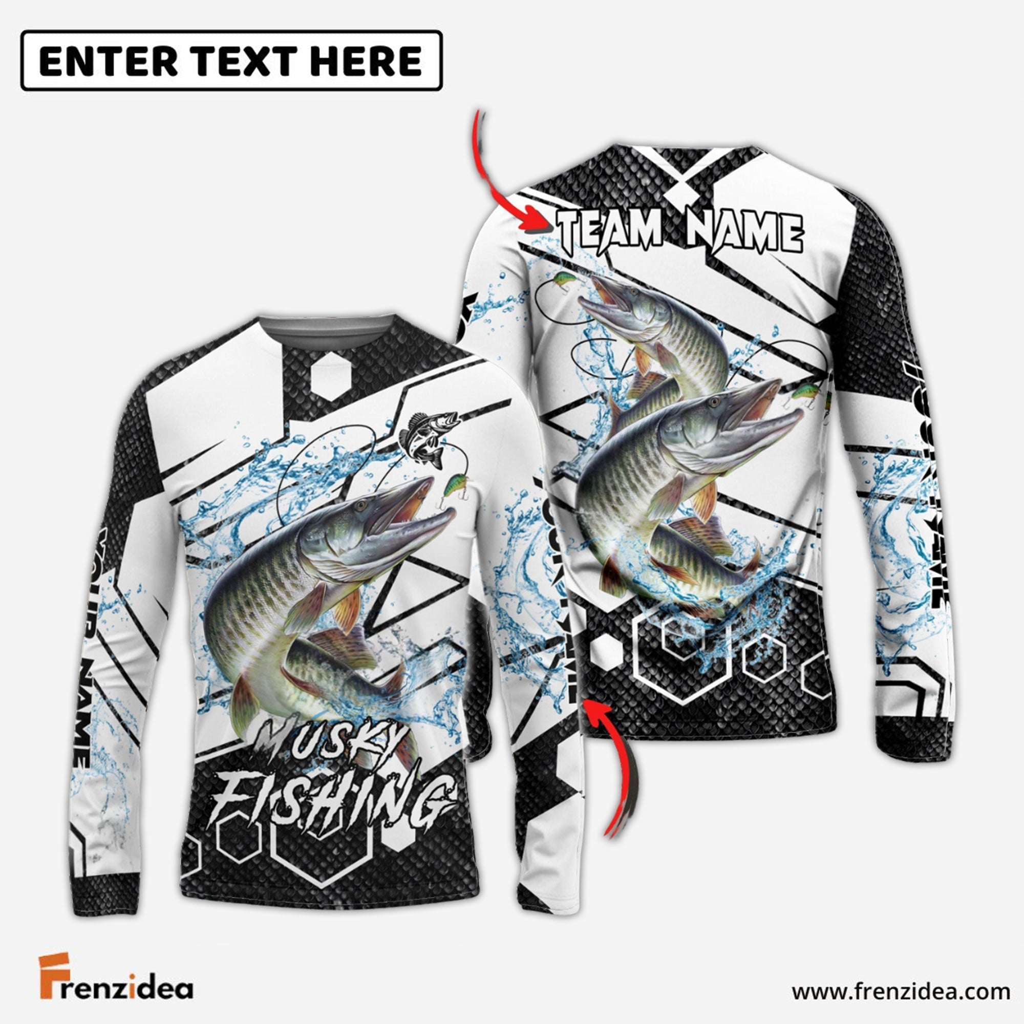 Frenzidea Musky Fishing White Gray Black Hexagon Sport Custom Name & Team Name 3D Shirts