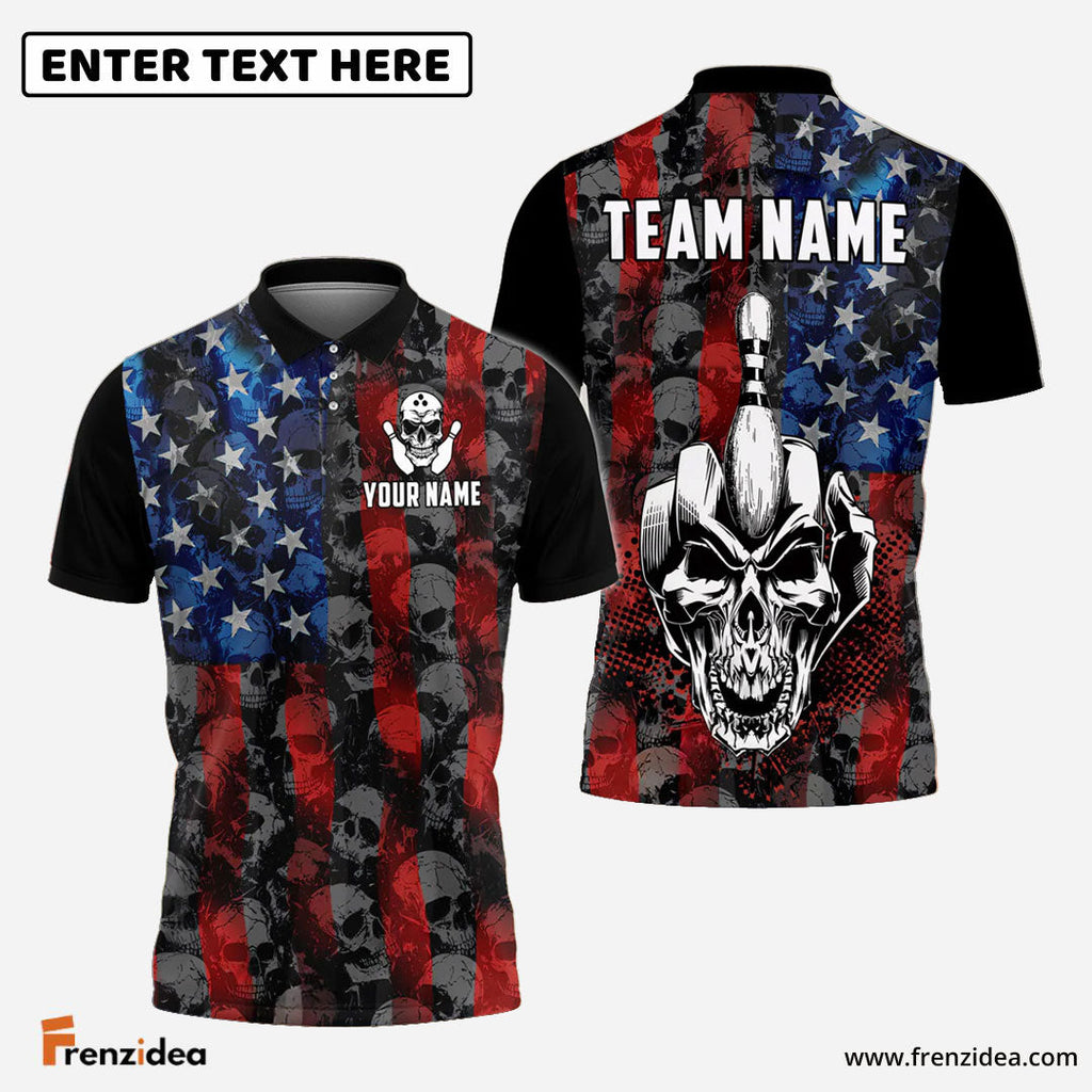 Frenzidea Bowling American Flag Skull Middle Finger Personalized Shirt