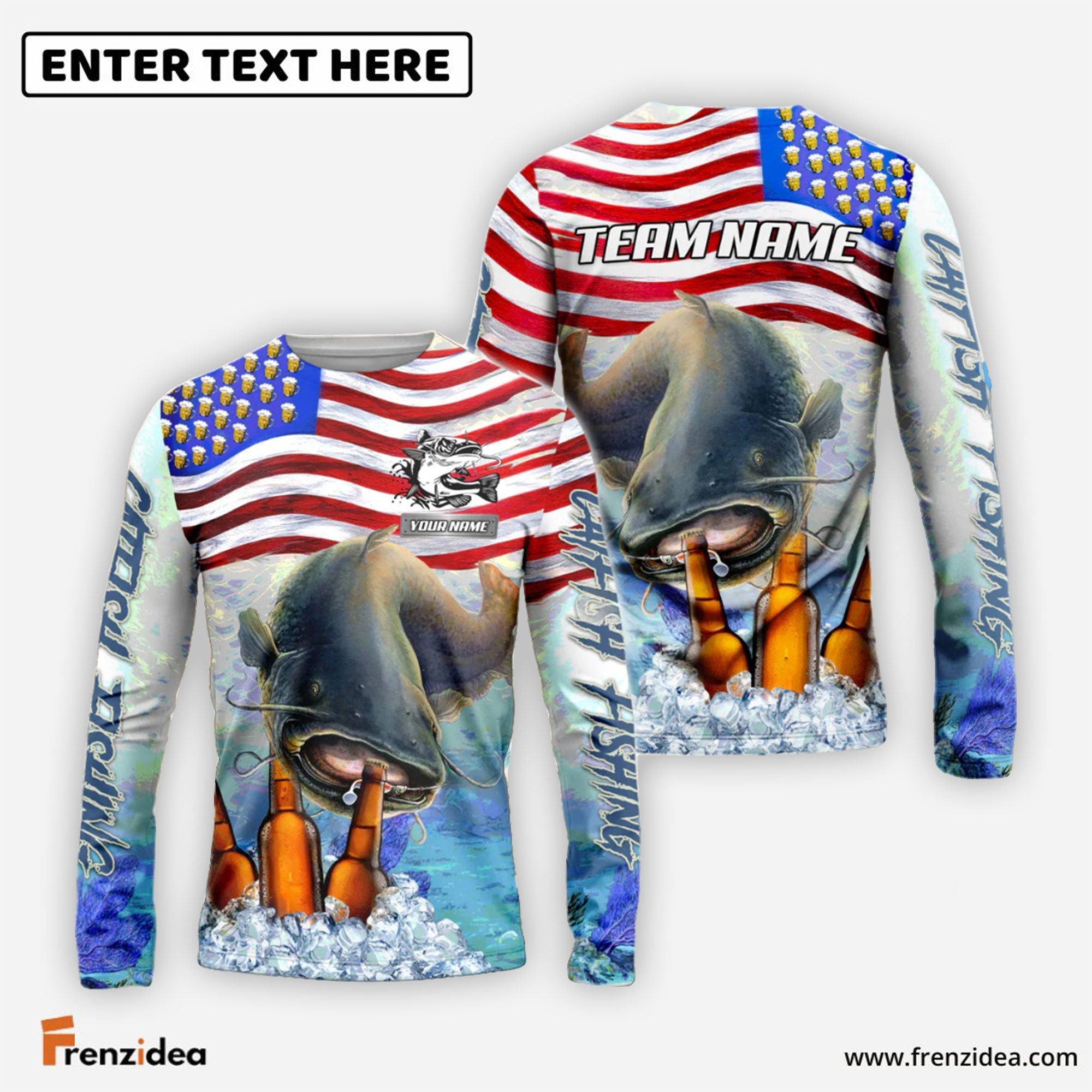 Frenzidea Catfish Fishing American Flag Beer Custom Name & Team Name 3D Shirts
