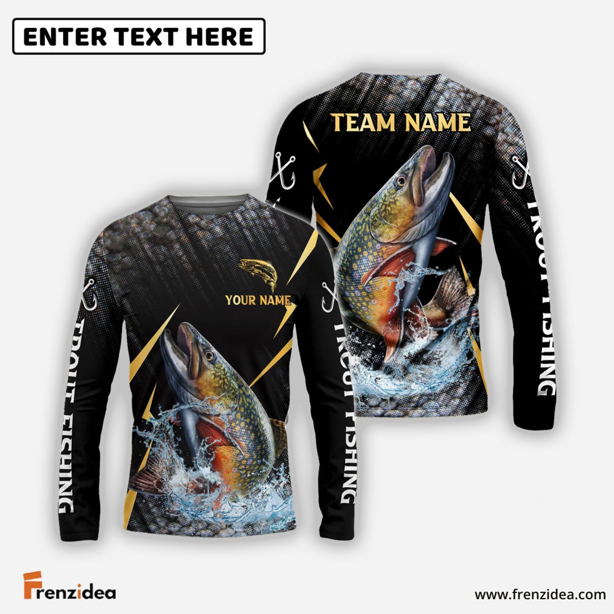 Frenzidea Trout Fishing Golden With Skinfish Pattern Custom Name & Team Name 3D Shirts