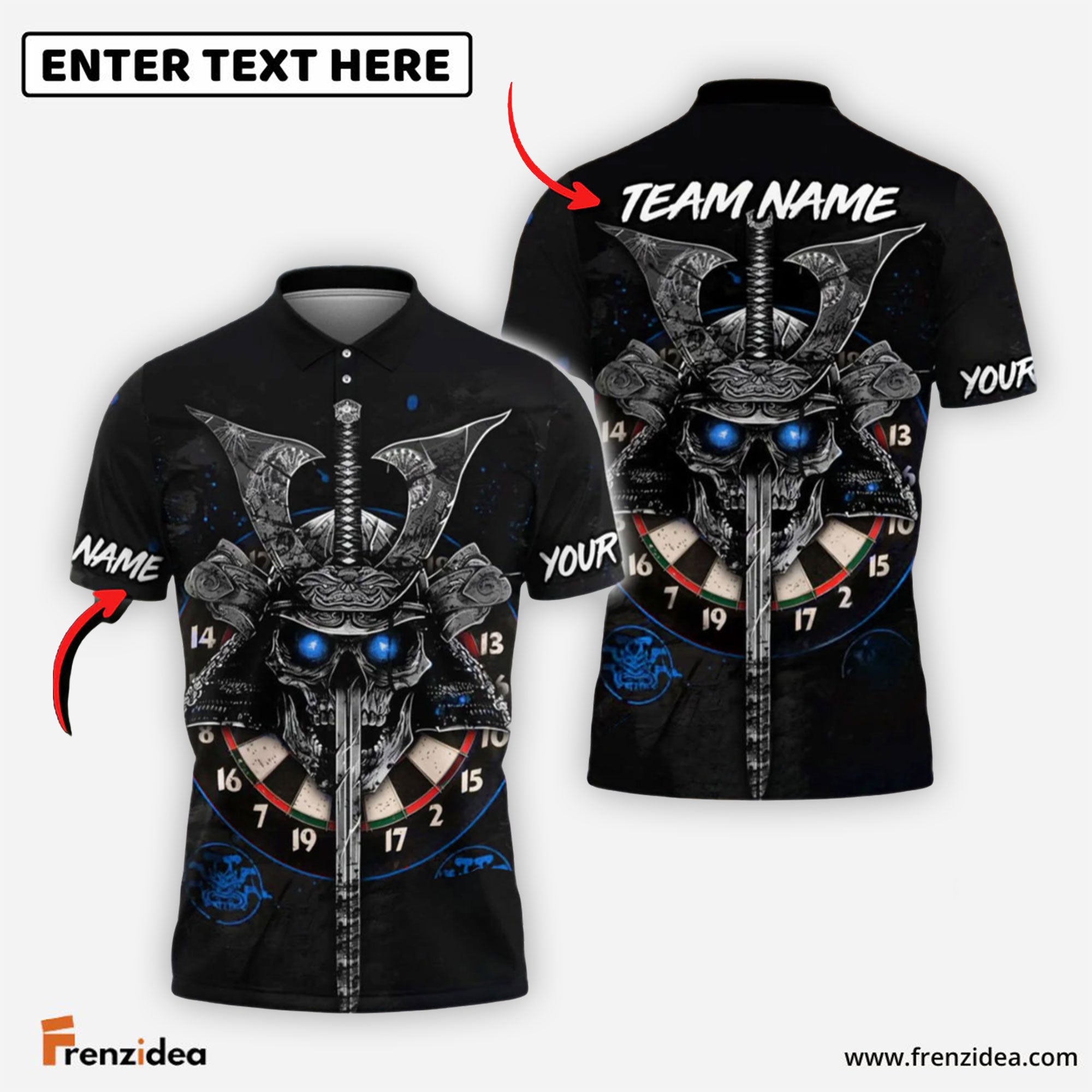 Frenzidea Darts Skull Samurai Personalized Name, Team Name Shirt (4 Colors)