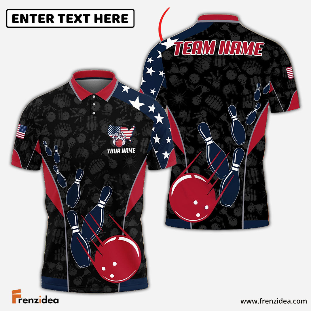 Frenzidea Bowling And Pins American Flag Customized Name, Team Name 3D Shirt (4 Options)