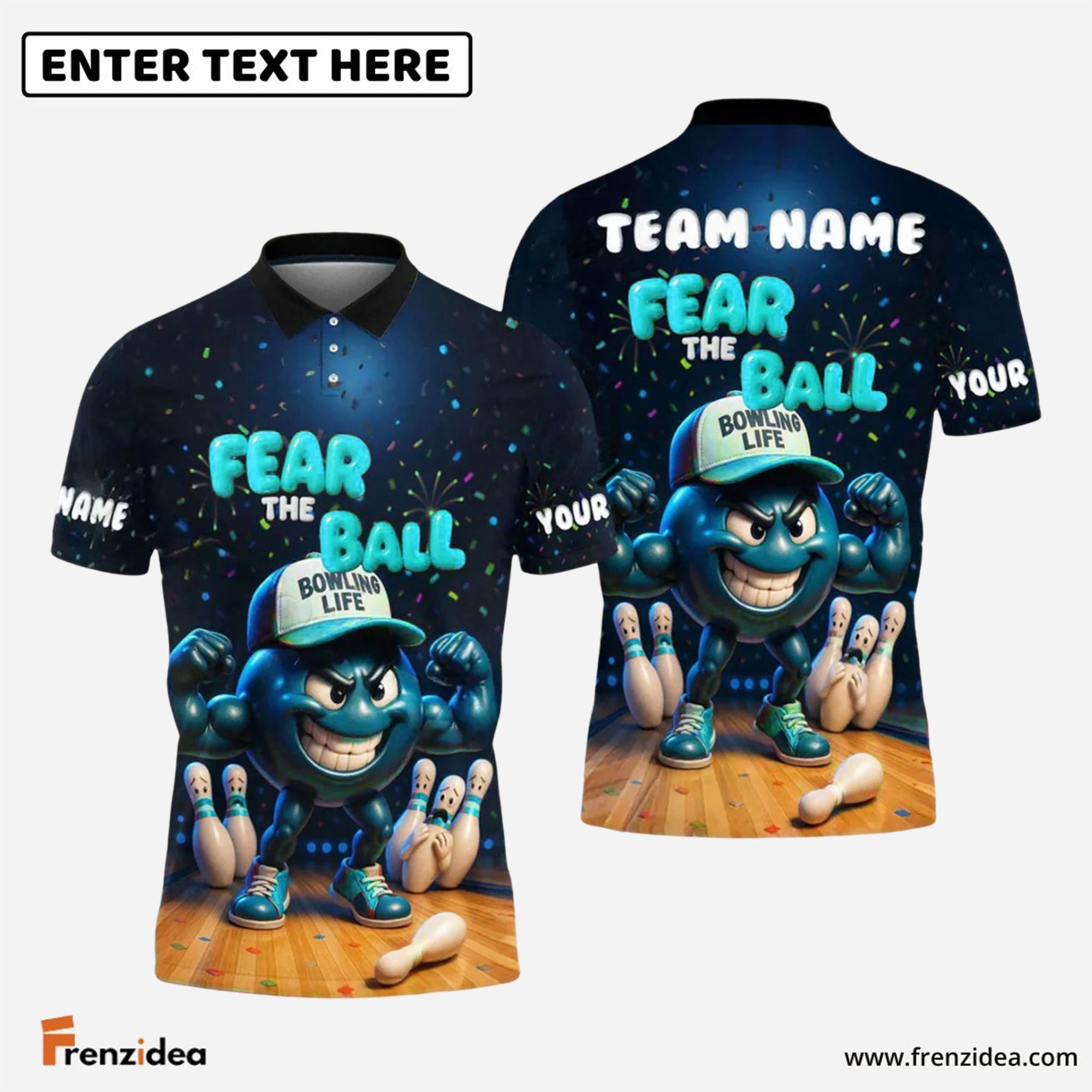 Frenzidea Bowling Fear the Ball Cartoon Power Style Customized Name, Team Name 3D Shirt (4 Colors)