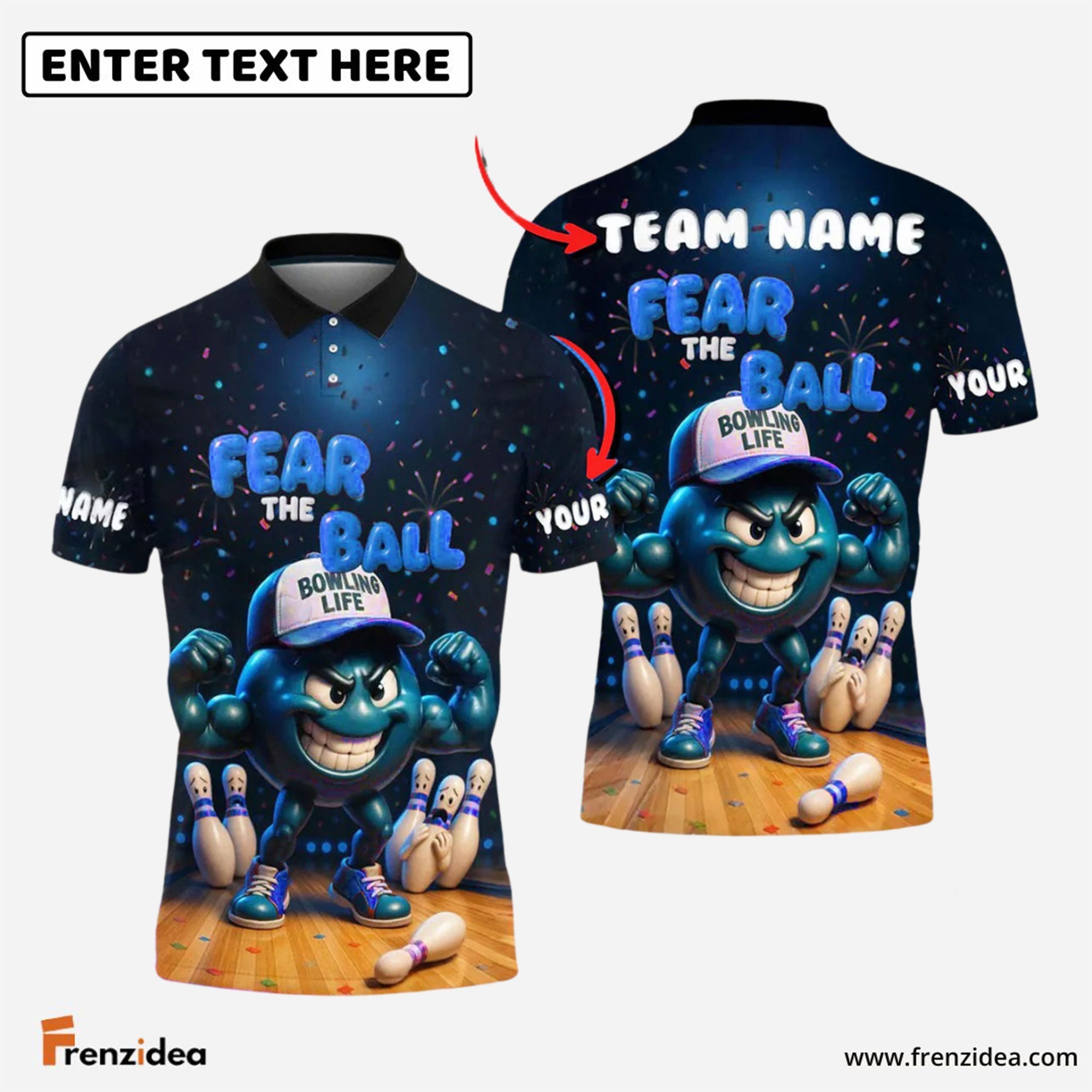 Frenzidea Bowling Fear the Ball Cartoon Power Style Customized Name, Team Name 3D Shirt (4 Colors)