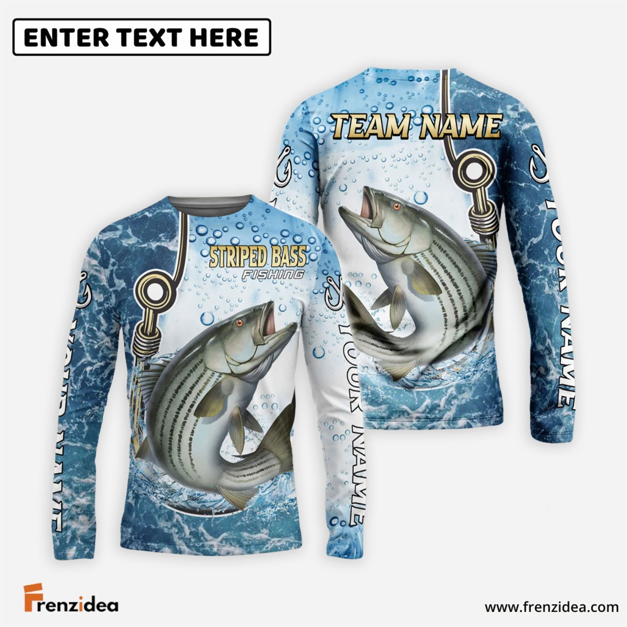 Frenzidea Striped Bass Fishing Golden Hook Graphic Sport Custom Name & Team Name 3D Shirts