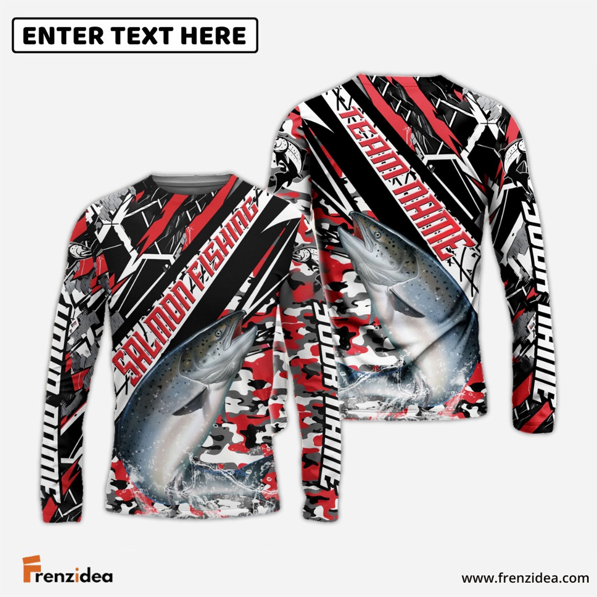 Frenzidea Salmon Fishing Red Grunge Camo Custom Name & Team Name 3D Shirts